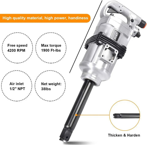 Heavy Duty One Inch Pneumatic Air Impact Wrench Packing Nineteen Hundred Foot Pounds Of Kick For Pro Garages and Tire Changes That Knocks Out Rusty Nuts Fast Without Breaking A Sweat With Steel Case side view showing air inlet and wrench extension.