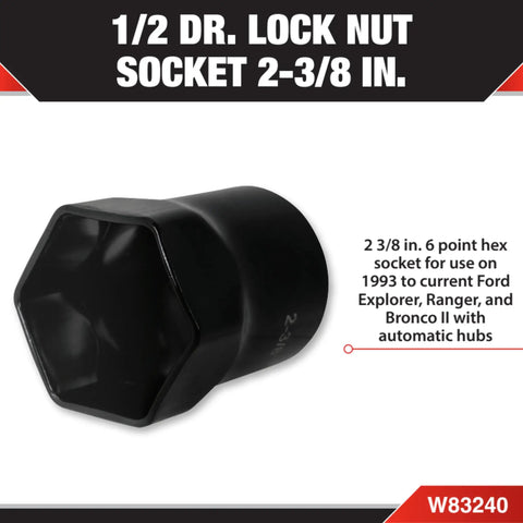 One Half Inch Drive Hex Lock Nut Socket For Wheel Bearing Locknuts Two And Three Eighths Inch Fits Auto Repair Pros And DIYers Heavy Duty Wheel Hub Lock Nut Tool With Secure Grip.