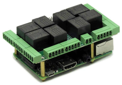 Straight Up Ready To Roll Eight Layer Stackable Expansion Hat Made For Raspberry Pi Controllers featuring relays and input terminals.