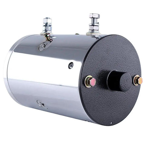 No Sweat 12V Dc Hydraulic Pump Motor Chrome Cw Rotary Fits Fenner SpX Pro Hopper Washout System Prestolite Style Oem W9799C side view with chrome finish.