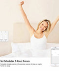 Woman waking up next to Two Gang WiFi Smart Light Switch for Single Pole Lighting That Plays Nice With Alexa And Google Assistant 2.4GHz Only Neutral Wire Required Not a Dimmer Not 3 Way Includes Two Switches And A 2 Gang Wall Plate