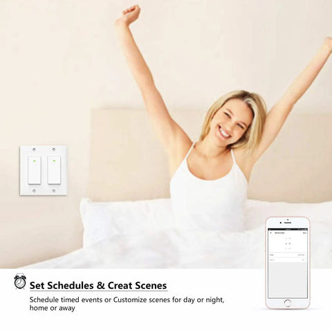 Woman waking up next to Two Gang WiFi Smart Light Switch for Single Pole Lighting That Plays Nice With Alexa And Google Assistant 2.4GHz Only Neutral Wire Required Not a Dimmer Not 3 Way Includes Two Switches And A 2 Gang Wall Plate