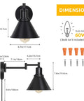 Dimensions of Black Plug In Wall Lamps Two Pack With Swing Arm Range 270 Degree Adjustment And 180 Degree Base On Off Switch Wall Sconces For Bedroom Bedside Living Room Or Dorm Modern Black Finish