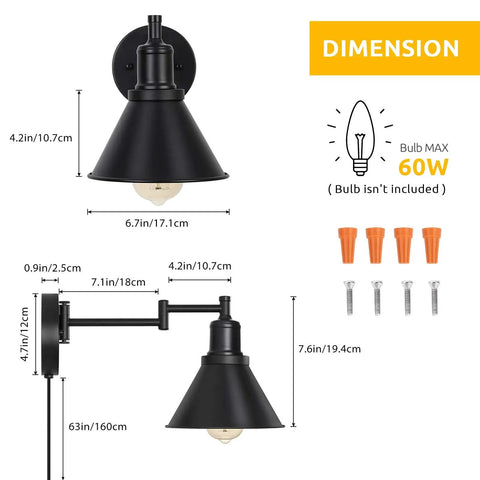 Dimensions of Black Plug In Wall Lamps Two Pack With Swing Arm Range 270 Degree Adjustment And 180 Degree Base On Off Switch Wall Sconces For Bedroom Bedside Living Room Or Dorm Modern Black Finish