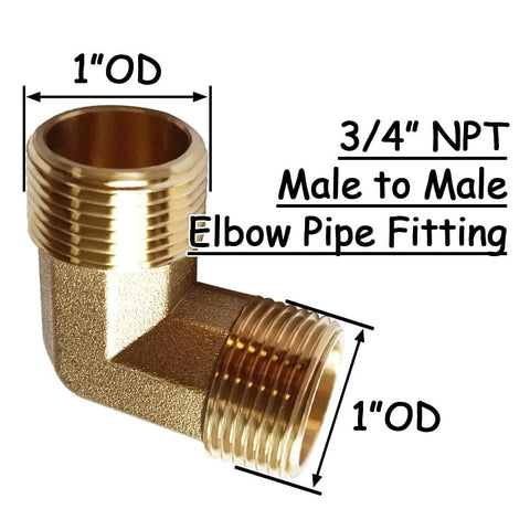 Brass 90-degree elbow pipe fitting, 3/4" NPT male x 3/4" NPT male for water/oil/gas