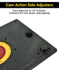 Close-up of Dead On Accurate Nine By Twelve Inch Router Table Insert Plate showing cam action side adjusters for precise fit.
