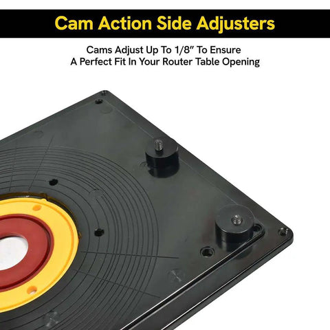 Close-up of Dead On Accurate Nine By Twelve Inch Router Table Insert Plate showing cam action side adjusters for precise fit.