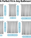 Various sizes of shower curtains displayed with measurement labels, showcasing options for bathroom fit.