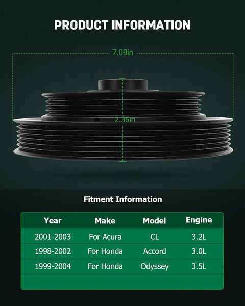 Beefy Harmonic Balancer Crankshaft Pulley dimensions chart, fits Accord 98-02, Pilot 03-04, Odyssey 99-04, 3.0L 3.2L 3.5L SOHC Engines