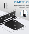 Top Shelf 3.5 Inch Gate Hinges 2 Pack, Straight Up Black Iron T Door Hardware with measurements and screws.