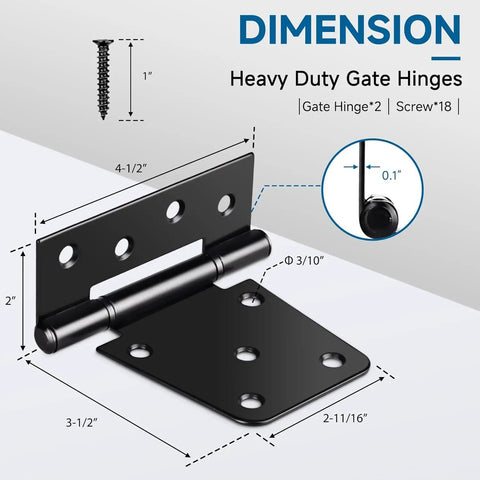 Top Shelf 3.5 Inch Gate Hinges 2 Pack, Straight Up Black Iron T Door Hardware with measurements and screws.