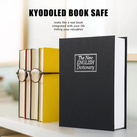 Hidden Diversion Book Safe With Key Lock Extra Large Black 10.5 Inch By 7.8 Inch By 2.6 Inch, disguised as a dictionary on shelf