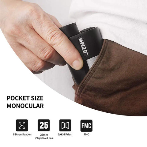 Person placing Dope Pocket 8x25 Monocular For Adults And Kids With Close Focus 1 Ft Fully Multicoated Optics And BAK4 Prism in pocket.