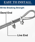 Close-up of One Quarter Inch Wire Rope Kit With Seventy Five Feet Heavy Duty Galvanized Cable showing clamps and thimble with 4200 lbs breaking strength.