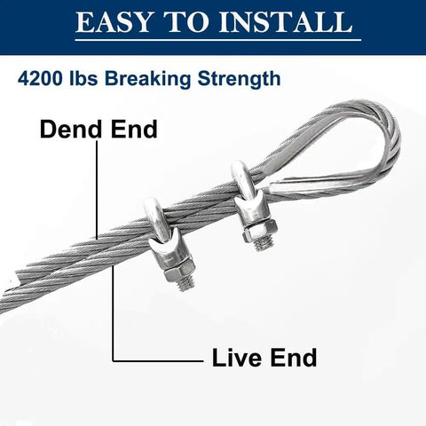 Close-up of One Quarter Inch Wire Rope Kit With Seventy Five Feet Heavy Duty Galvanized Cable showing clamps and thimble with 4200 lbs breaking strength.