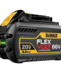 FlexVolt 20V 60V Max Lithium Ion Battery 6.0Ah DCB606, showcasing design and branding, compatible with multiple cordless power tools.