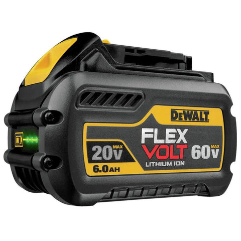 FlexVolt 20V 60V Max Lithium Ion Battery 6.0Ah DCB606, showcasing design and branding, compatible with multiple cordless power tools.