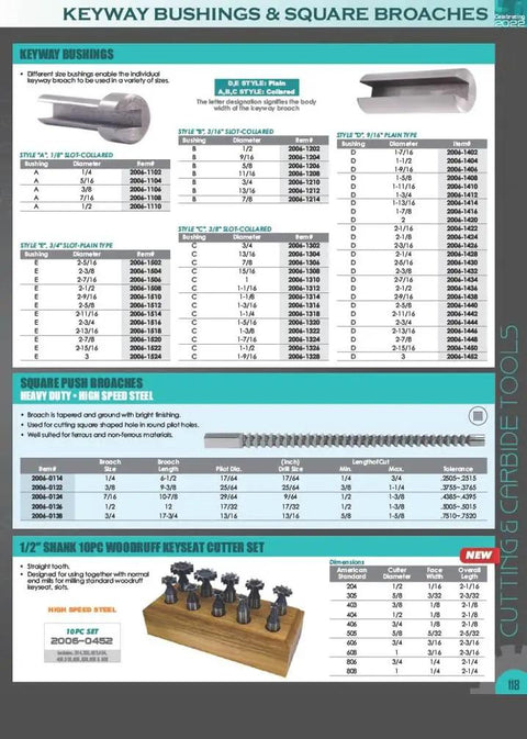 Three Eighths Inch Type C HSS Keyway Broach With Two Shims For Precision Milling listed in a product catalog with specifications