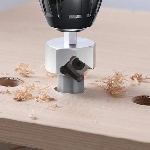 Smooth Operator Aluminum Dowel Jig Kit With Bench Dog Hole Drill Guide and Chamfer Reamer Burr Removal Tool Hella Precise Smart Pick Straight Bit Locator For Woodworking Projects close-up of chamfer reamer tool on wood.