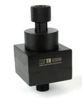 Double D Punch Die Set 1-3-8 By 1-1-8 Inch Knockout Hole Kit with case, focus on hardened tool steel die, front view.