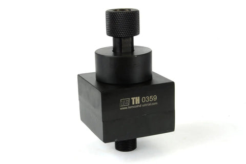 Double D Punch Die Set 1-3-8 By 1-1-8 Inch Knockout Hole Kit with case, focus on hardened tool steel die, front view.