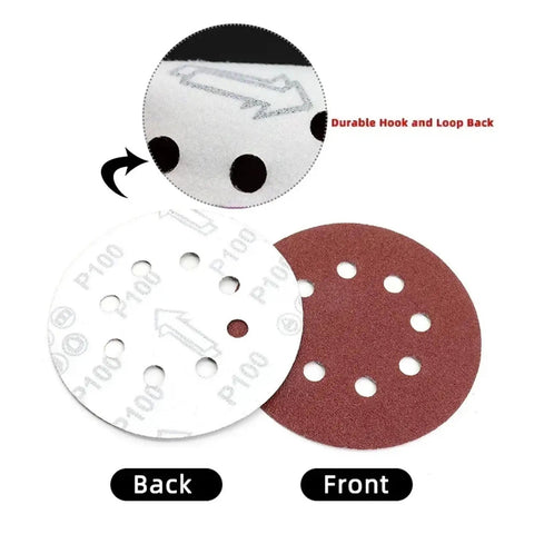 Top Notch 5 Inch Sanding Discs Compatible With Orbital Sanders For Fast Dust Removal Quick Mount Hook Loop Backing showing front and back views.