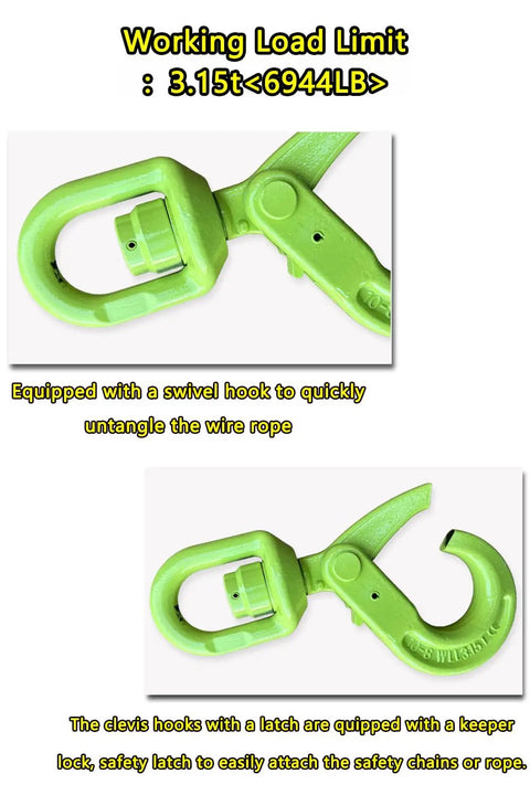 Built Tough Heavy Duty Swivel Lifting Hook With 6945 Lbs Capacity For Hoists And Cargo Lifts 360 Degree Swivel Eye Self Locking Design To Prevent Chain Twist And Keep Your Gear Secure. Green alloy steel swivel lifting hook with self-locking latch and 6944 lb working load limit.