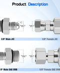 Hydraulic Hose Connector Adapter 3/8 Inch JIC 37 Degree Male To 5/8 Inch SAE ORB Male Heavy-Duty Straight Fitting For Leak-Free JIC To ORB Connections In Hydraulic Lines showing 3/8 male JIC and 5/8 SAE ORB ends