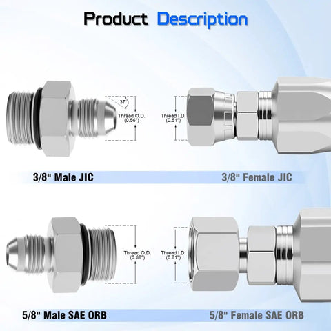 Hydraulic Hose Connector Adapter 3/8 Inch JIC 37 Degree Male To 5/8 Inch SAE ORB Male Heavy-Duty Straight Fitting For Leak-Free JIC To ORB Connections In Hydraulic Lines showing 3/8 male JIC and 5/8 SAE ORB ends
