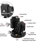 Detailed view of Latitude Adjustment Base for Telescope Mounts, showing knobs, U3/8 thread, and components in aluminum alloy.