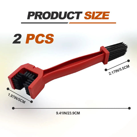 Universal 2 Piece Bike And Motorcycle Chain Cleaning Brush Set with red handle, product size dimensions shown