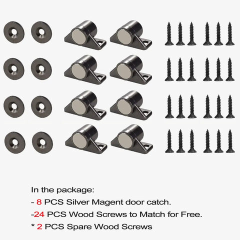 8 Pack Magnetic Cabinet Door Catch With Neodymium Magnet Cabinet Latch Magnetic Closure Hardware For Kitchen Cupboard And Closet Doors In Black Tone Gun Metal Finish No Fuss Easy Install with screws and plates.