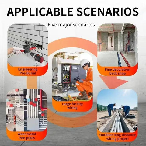 Illustration of Wall Wiring Machine For Easy Cable Threading And Hidden Pipe Runs Automatic Wire Puller Tool in various scenarios