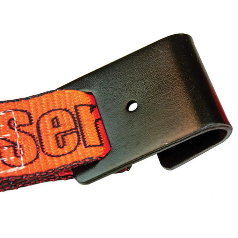 Close-up of flat hook on ProSeries Beefy Heavy Duty Ratchet Straps With Flat Hooks 2 Inch Wide By 27 Foot 2 Pack 3300 Lbs Safe Working Load Extra Thick