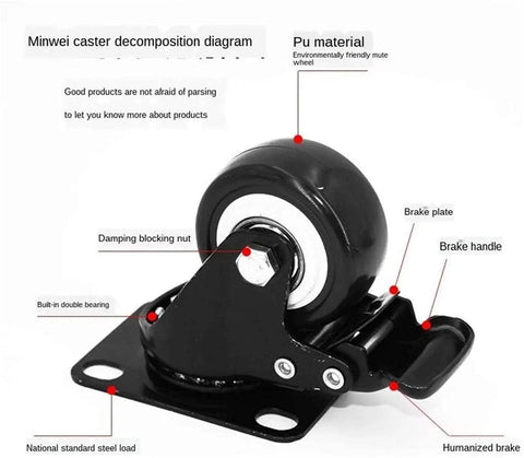 Heavy Duty Polyurethane Swivel Casters Pack Of 4 1.6 Inch Black Rolling Wheels for Furniture And Trolleys brake details and features.