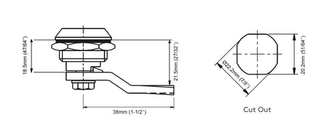 Diagram of Badass Black Quarter Turn Cam Lock Latch dimensions, measuring 38mm x 21.5mm for equipment cabinets.