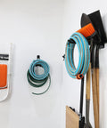 Six Pack Heavy Duty 12.4 Inch Wall Mount Garage Hooks Set For Hanging Tires Chairs Ladders Garden Tools Strollers And More Non Slip Rubber Coated Steel Hooks Rust Resistant Up To 80 Lbs Each holding garden tools and hose
