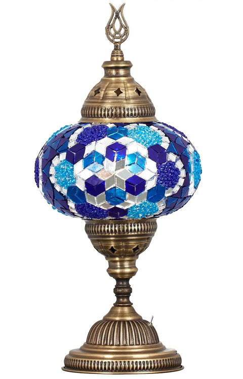 Blue Mosaic Battery-Operated Table Lamp With Handcrafted Stained Glass, cordless portable Turkish Moroccan style, 12 inches tall