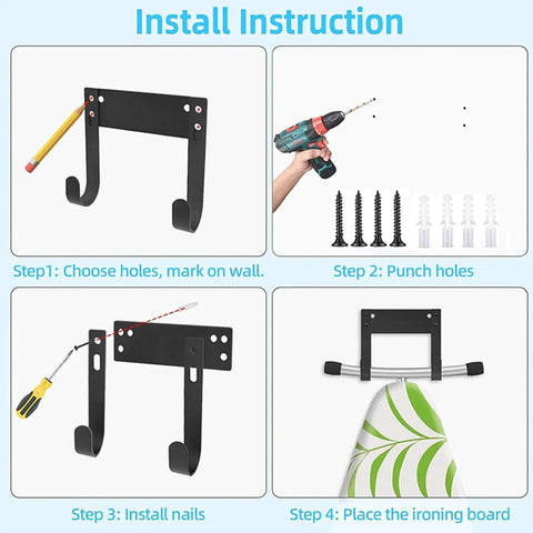 Wall Mount Ironing Board Hanger Kit Carbon Steel Holder For T Shaped And Y Shaped Legs With Two Hooks showing installation steps