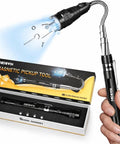 Person holding Telescoping Magnetic Pickup Tool with LED Light, shown retrieving screws, with packaging included.