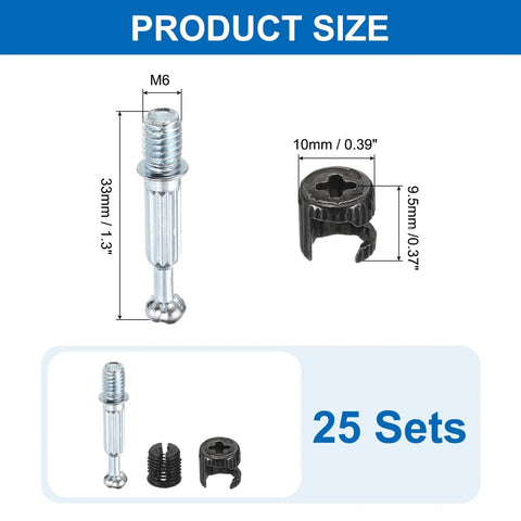 Badass 25 Piece Furniture Connector Kit With Slick Cam Lock Plugs And Heavy Duty Dowel Pins For Rock Solid Cabinet Assembly and Straight Forward DIY Woodwork Projects, showing size dimensions of cam lock and dowel.