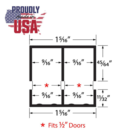 Diagram of Half Inch Panel Sliding Door Track 48 Inch Long White Plastic Upper and Lower Set dimensions, USA-made