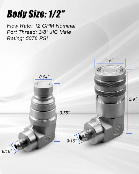 90 Degree Elbow Kit for Hydraulic Quick Connects, 1/2 in Body Size, 3/8 in JIC Male Threads, Flat Face Coupling with Dust Cap