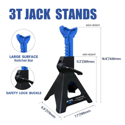 ANTPOWER 3-Ton jack stands pair, blue adjustable height 11.2–16.8 in with safety lock for cars/SUVs