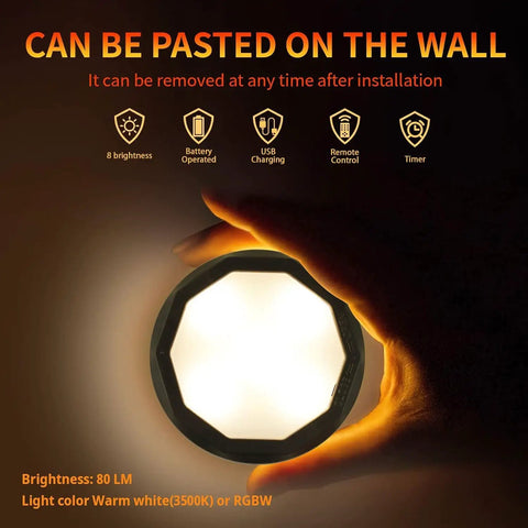 Rechargeable USB Puck Lights For Under Cabinet And Closet, 16 Color Changing Dimmable LEDs With Timing, shown handheld glowing