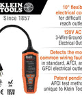 Pro Grade AFCI and GFCI Outlet Tester for North American Receptacles with orange and black design, Klein Tools branding visible.