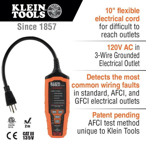 Pro Grade AFCI and GFCI Outlet Tester for North American Receptacles with orange and black design, Klein Tools branding visible.