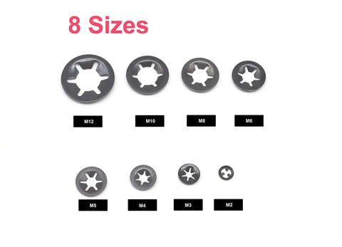 235 Piece Black Starlock Internal Tooth Lock Washers Set In 8 Sizes M2 M12, shown in black with labels for each size.