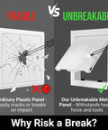 Comparison of fragile plastic panel versus Straight Up Heavy Duty Metal Access Panel For Drywall Plumbing Repair Wall Cover Plate.