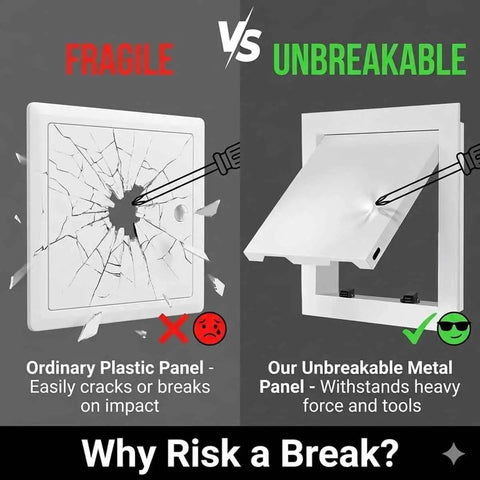 Comparison of fragile plastic panel versus Straight Up Heavy Duty Metal Access Panel For Drywall Plumbing Repair Wall Cover Plate.